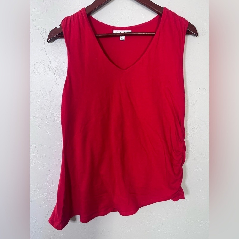 Cabi Red V-Neck Ruched Asymmetrical Tank Top 100% Cotton Style 432 Size L